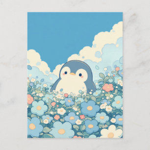 Carte Postale Joli manchot dans une prairie de fleurs pastel