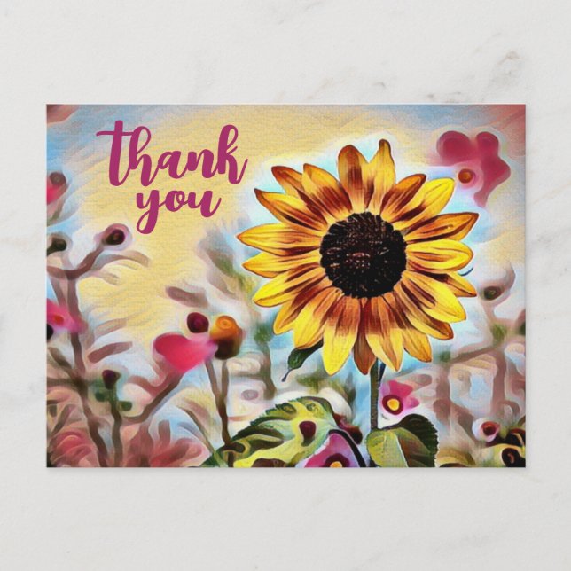 Carte Postale Joli Merci de tournesol jaune et de fleurs roses (Devant)