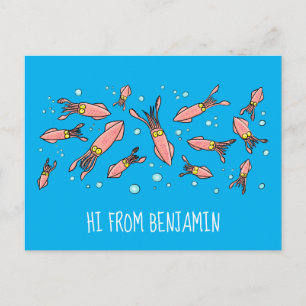 Carte Postale Joli motif caricature de calmar rose
