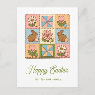 Carte Postale Joli motif de courtepointe de Pâques lapin heureux
