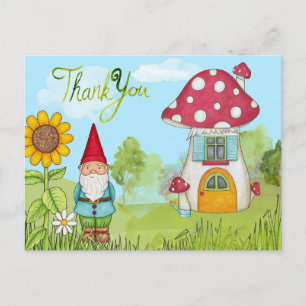 Carte Postale Joli nain de jardin de dessin animé et maison Merc