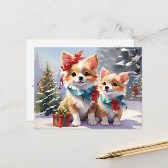 Carte Postale Joli Noël Corgis Fête de Noël (Devant/Arrière en situation)