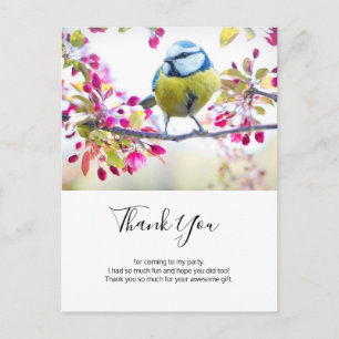 Carte Postale Joli oiseau bleu et jaune sur une branche Merci