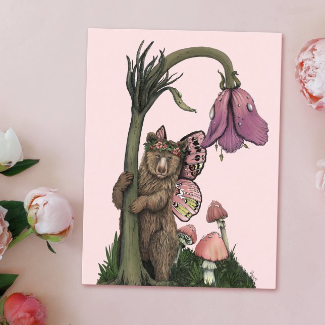 Carte Postale Joli ours grizzly rose féerique dans la forêt sylv (Créateur téléchargé)