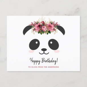 Carte Postale Joli panda Joyeux Anniversaire floral rose personn