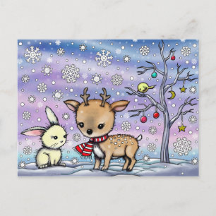 Carte Postale Joli petit cerf et lapin illustrés