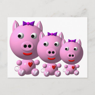 Carte Postale Joli petit cochon avec les coeurs et l'arc!