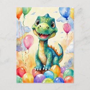 Carte Postale Joli petit dinosaure avec beaucoup de ballons colo