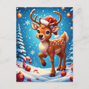 Carte Postale Joli Petit Renne Noël Chapeau de Père Noël Hiver