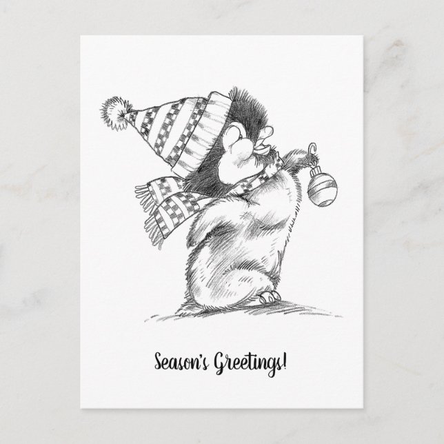 Carte Postale Joli pingouin de Noël rétro avec chapeau et écharp (Devant)