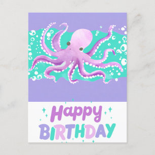 Carte Postale Joli poulpe violet couleur vive joyeux anniversair