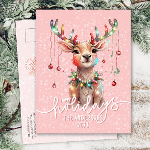 Carte Postale Joli renne rose et lumières de Noël