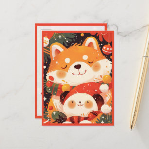 Carte Postale Joli Shiba Inu étreignant un Peluche Panda