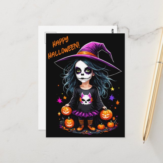 Carte Postale Jolie Adorable Kawaii Halloween sorcière (Devant/Arrière en situation)