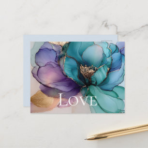 Carte Postale Jolie Amour Floral Bleu Aqua Violet Or