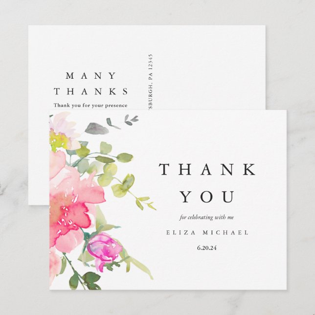 Carte Postale Jolie aquarelle Baby shower Floral Merci (Devant / Derrière)