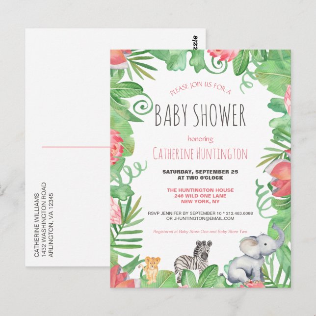 Carte Postale Jolie Baby Shower Safari Animaux Tropicaux Floral (Devant / Derrière)