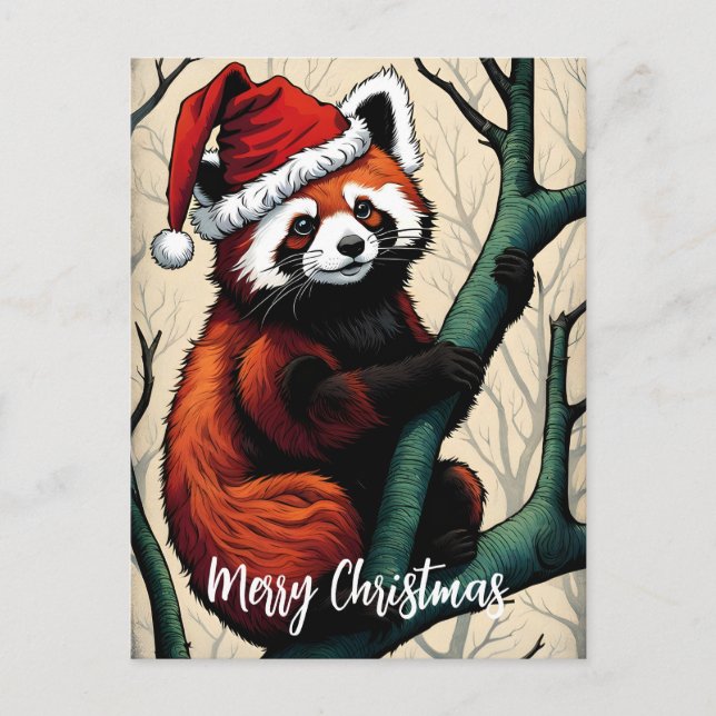 Carte Postale Jolie branche de panda rouge Noël (Devant)