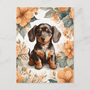 Carte Postale Jolie Brown dachshund Puppy Peach Floral