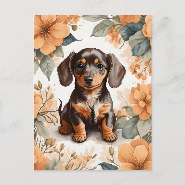 Carte Postale Jolie Brown dachshund Puppy Peach Floral (Devant)