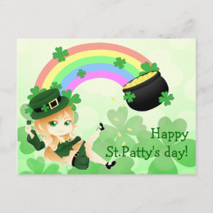 Carte Postale Jolie chibi irlandais leprechaun fille avec pot d'