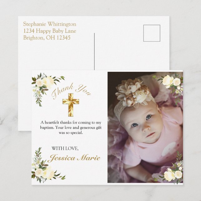 Carte Postale Jolie Croix d'or florale Baptême Merci photo (Devant / Derrière)