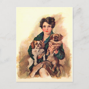 Carte Postale Jolie dame aux Chiens Pekingese