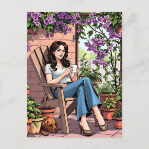 Carte Postale Jolie Dame Boire Du Café Relaxant Dehors