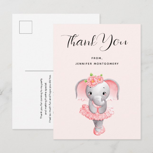 Carte Postale Jolie éléphante ballerine rose et gris Merci (Devant / Derrière)