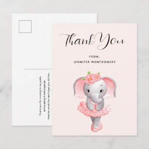 Carte Postale Jolie éléphante ballerine rose et grise Merci