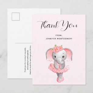 Carte Postale Jolie éléphante ballerine rose et grise Merci