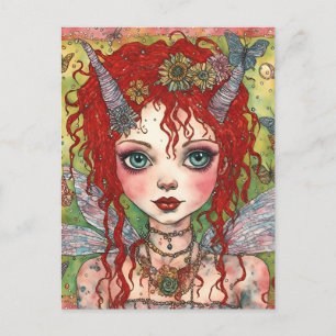 Carte Postale Jolie fée aux cheveux rouges et cornes
