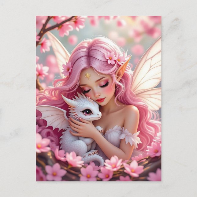 Carte Postale Jolie fée elfe rose et dragon  (Devant)