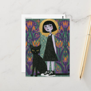 Carte Postale Jolie femme avec son chat noir