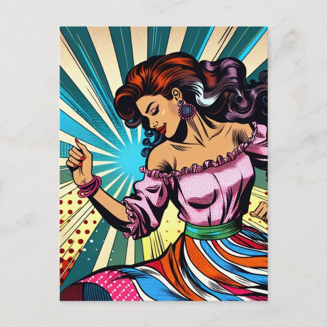Carte Postale Jolie Femme Dansant Salsa Pop Art (Devant)