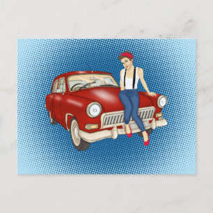 Carte Postale Jolie femme et voiture rouge