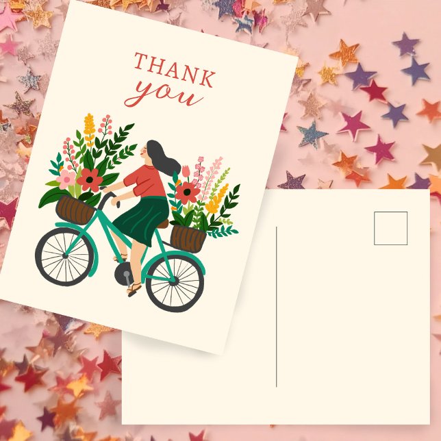 Carte Postale Jolie Fille à Bicyclette avec des Fleurs MERCI (Cute Girl Riding Bicycle w Flowers THANK YOU Postcard
)