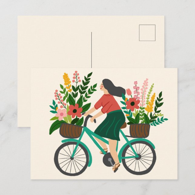 Carte Postale Jolie Fille à Vélo avec Fleurs sur Mesure  (Devant / Derrière)