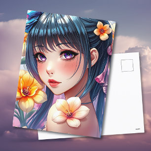 Carte Postale Jolie fille Anime avec jonquilles   Rester en cont