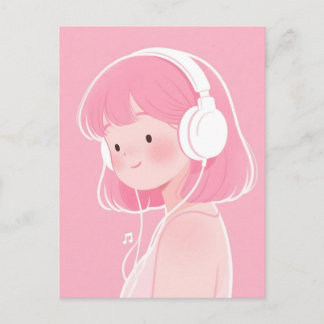 Carte Postale Jolie fille aux cheveux roses écoutant de la musiq