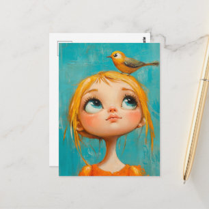 Carte Postale Jolie fille avec un oiseau jaune sur la tête