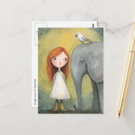Carte Postale Jolie Fille Cheveux Rouges Avec Éléphant et Oiseau
