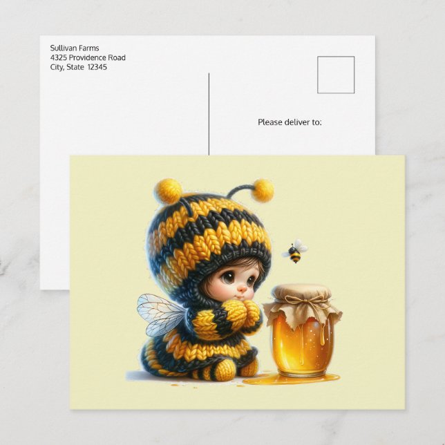 Carte Postale Jolie Fille en Costume d'Abeille avec du Miel (Devant / Derrière)
