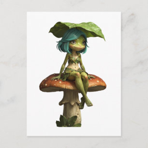 Carte Postale Jolie Fille Grenouille Assise sur Champignon