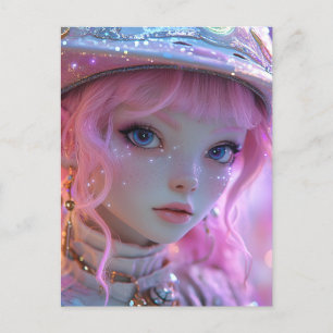 Carte Postale Jolie fille rose cheveux