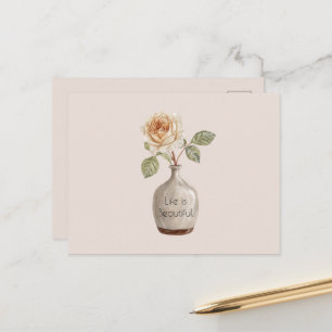 Carte Postale Jolie Fleur de Rose Pêche dans un Vase