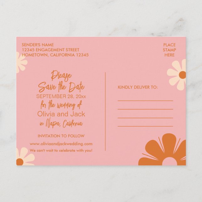 Carte Postale Jolie Fleur Rétro Rose et Orange Save the Date (Dos)