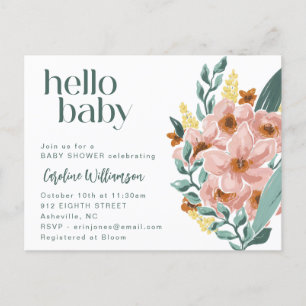 Carte Postale Jolie Fleur Rose Sauge Menthe Bonjour Baby Shower