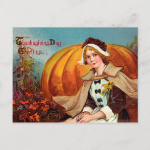 Carte Postale Jolie jeune femme avec un grand merci citrouille