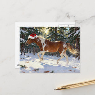 Carte Postale Jolie jument Paint Horse de Noël forêt d'hiver